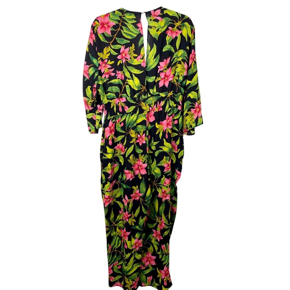 ZARA Tropical Print Jumpsuit Black,  Green, Pink Hibiscus - Picture 7 of 13
